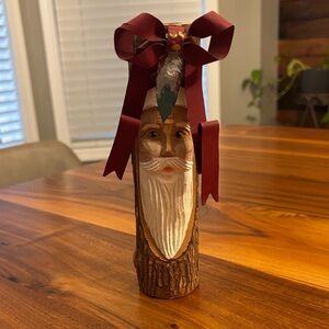 Wooden Candle Holder Carved and Painted with a Santa Claus Face
